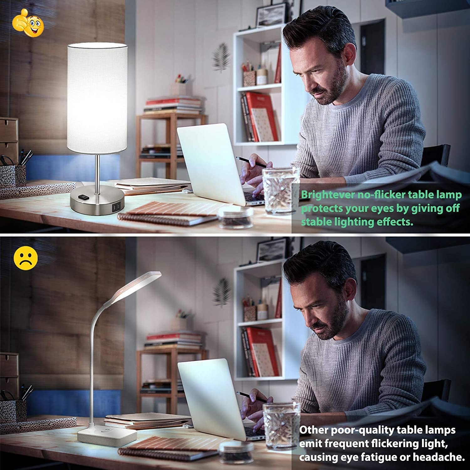Set of 2 Touch Control Table Lamps with USB Charging Ports, AC Outlet, 3-Way Dimmable Functionality with White Fabric Lampshade and A19 LED Bulbs