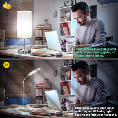 Set of 2 Touch Control Table Lamps with USB Charging Ports, AC Outlet, 3-Way Dimmable Functionality with White Fabric Lampshade and A19 LED Bulbs