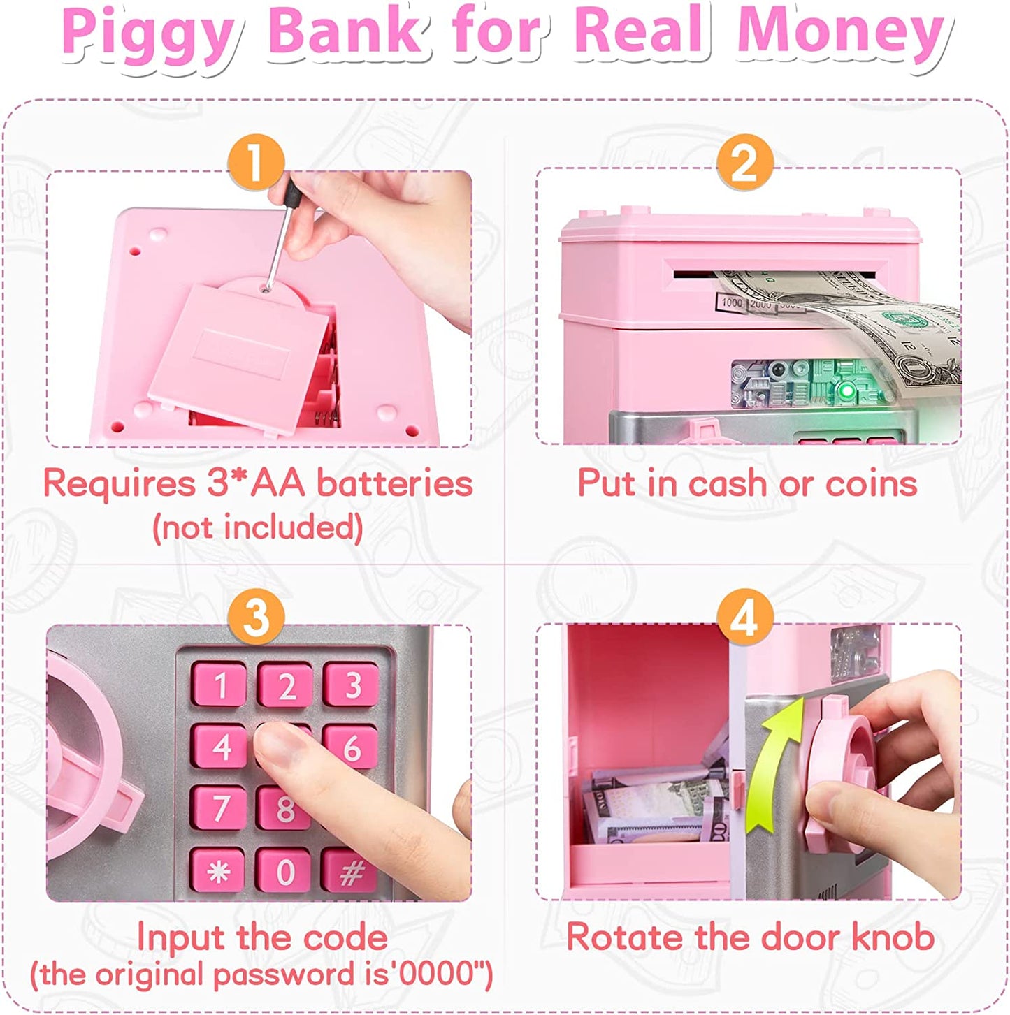 Personalized Piggy Bank Toy for Girls Ages 6-11, Money Saving Box with ATM Function