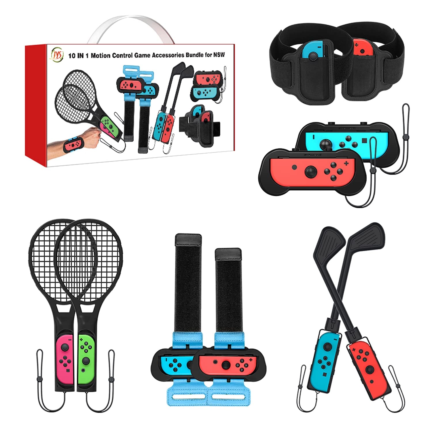 10 in1 Switch Sports Accessories Bundle, Family Kit for Nintendo Switch Sports Games, Mario Golf Golf Clubs, Just Dance Wrist Bands, Soccer Leg Straps, Tennis Rackets