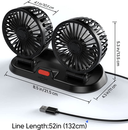 USB Portable Car Fan with Dual Head, 3 Speeds, 360 Degree Rotation, Strong Wind, for Dashboard, SUV, RV, Truck, Boat, Sedan, Home, and Office Use