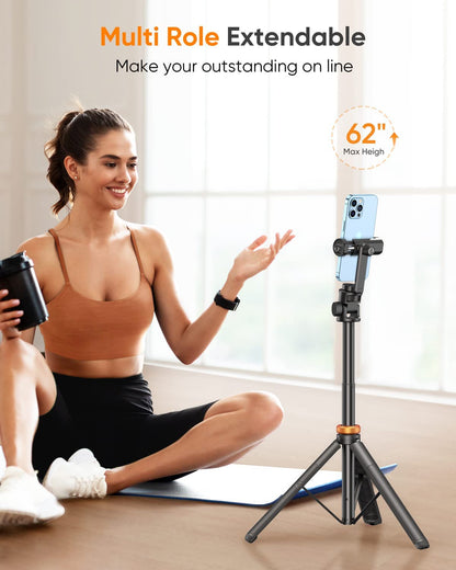 Selfie Stick Tripod with Remote Control, Enhanced Durable Cell Phone Travel Tripod Stand Compatible with iPhone 14/13/12 Pro Max/Samsung/Gopro/Dji