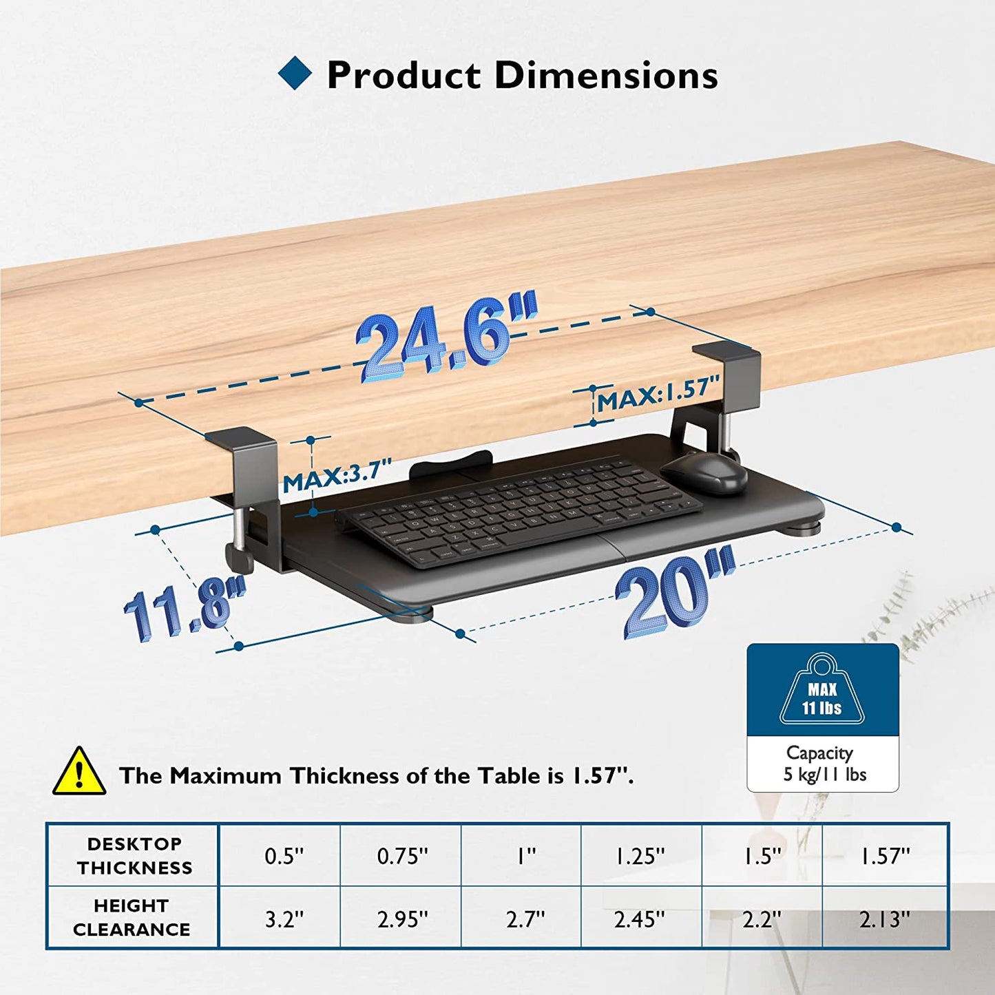 Compact Under Desk Keyboard Tray with C Clamp - Sliding Mouse and Keyboard Drawer, 20" (24.6" Including Clamps) X 11.8" - Stable Computer Organizer for Efficient Typing - Black