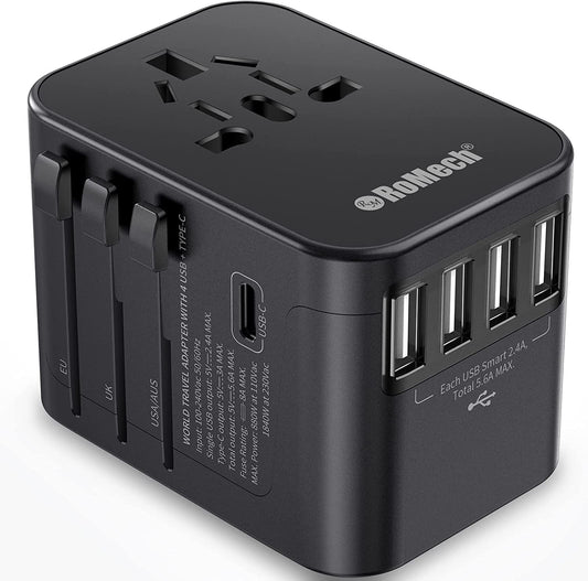 Universal Travel Adapter, 5.6A Smart Power International Plug Adaptor AC Wall Charger for Global Travelling USA Europe EU UK AUS (Type C + Four Type A, Black)