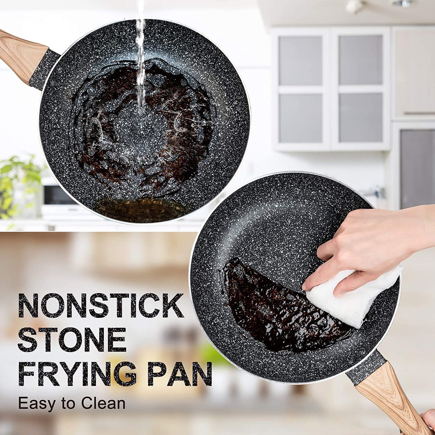 Premium 3 Piece Stone Coated Nonstick Frying Pan Set with Bakelite Handle, APEO & Pfoa-Free Coating, Includes 8", 9.5" and 11" Skillets