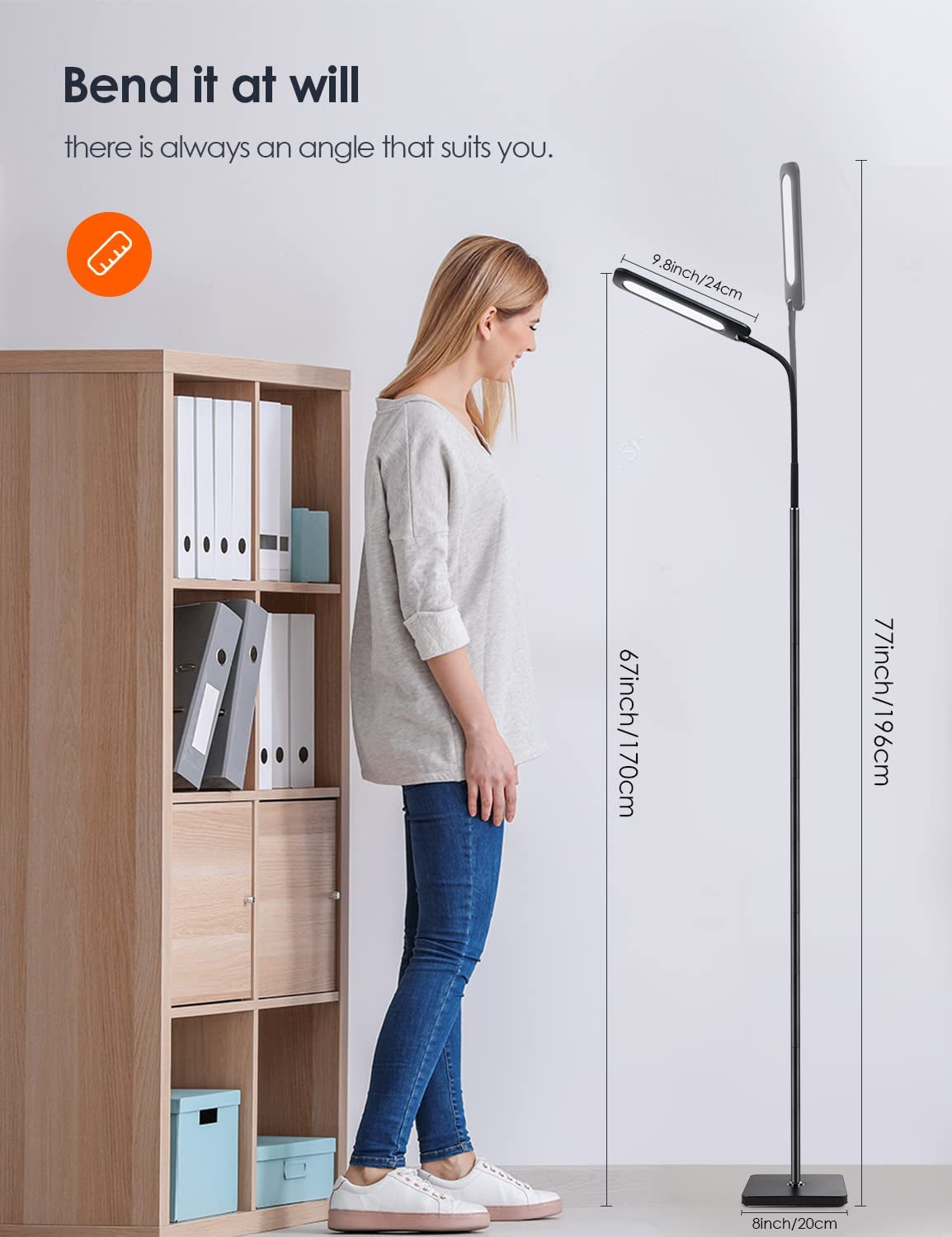 Dimmable LED Floor Lamp with Adjustable Gooseneck, 3 Color Temperatures & 5 Brightness Levels - Ideal for Reading, Living Room, Bedroom, and Office"