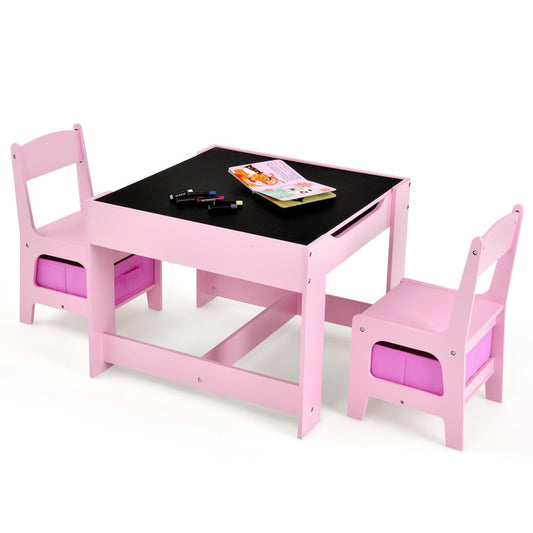 Children's Table and Chairs Set with Built-in Storage, Blackboard, and Whiteboard for Drawing
