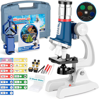 Comprehensive 58-Piece Kids Microscope Kit - 100X-1200X Magnification, Durable Metal Body, LED Light, Carrying Box - Ideal for Science Experiments, Educational Toys - Suitable for Ages 5-12 