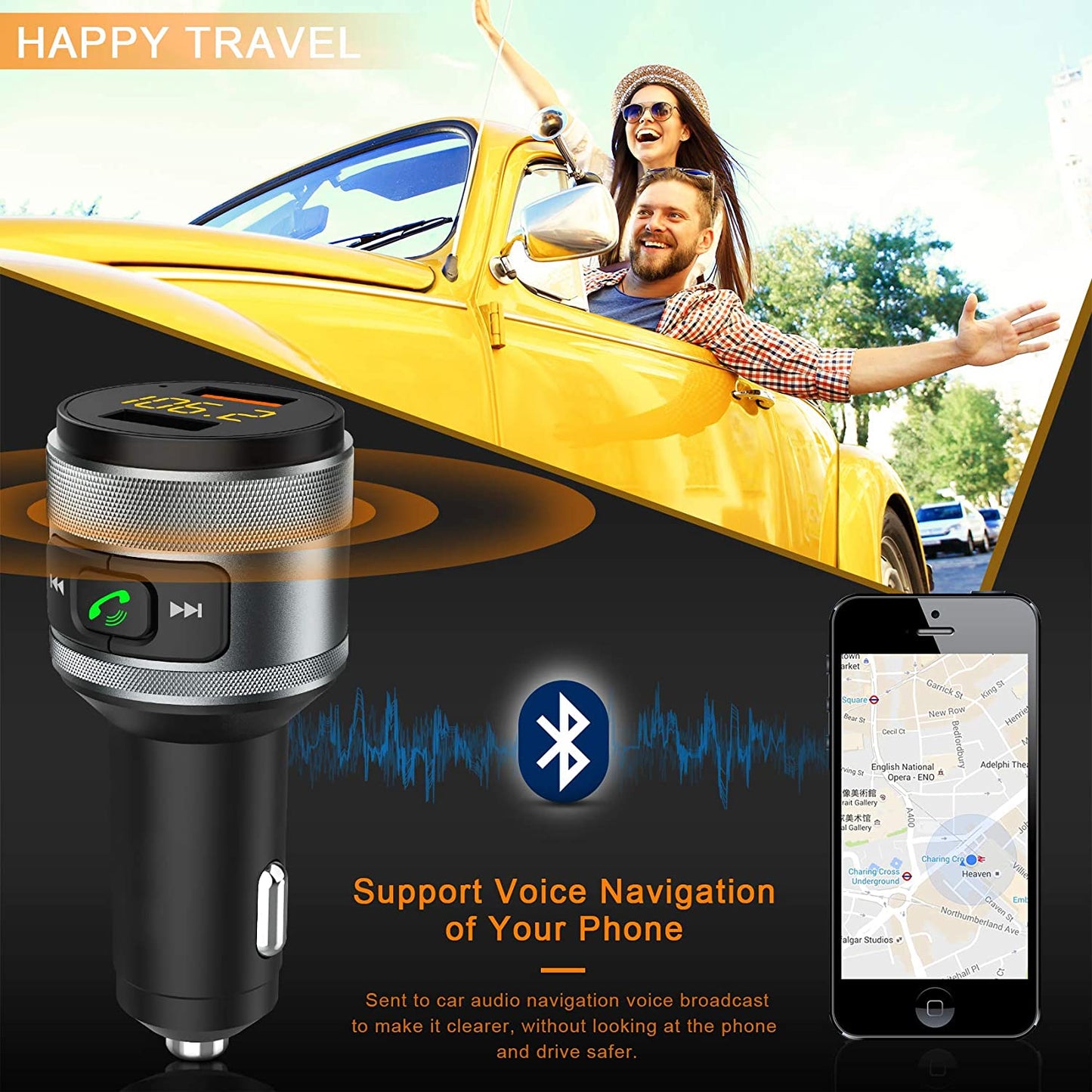 Wireless Bluetooth 5.0 FM Transmitter for Car with Hands-Free Calling, Music Player, and Dual USB Ports Charger