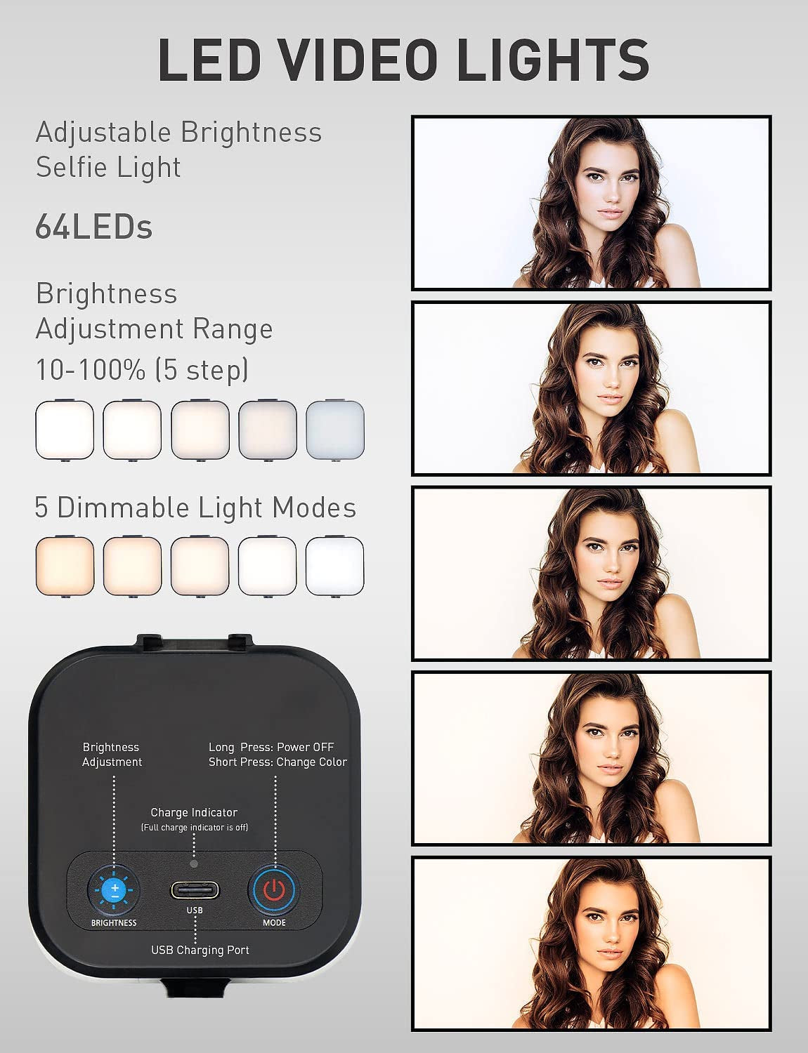 Portable 64 LED Rechargeable Selfie Light - 5 Lighting Modes - Clip-on Fill Lights for iPhone, Cell Phone, Laptop, TikTok, Selfie, Video Conference, Camera