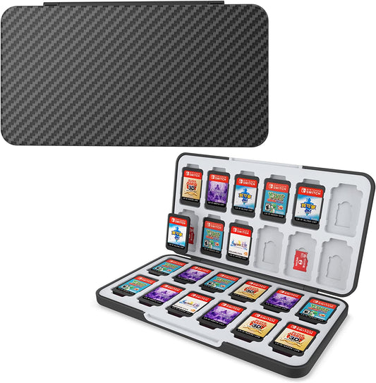 Carbon Fibre Surface Game Card Case for Nintendo Switch and Switch OLED - Holds 24 Game Cards and 24 Micro SD Cards