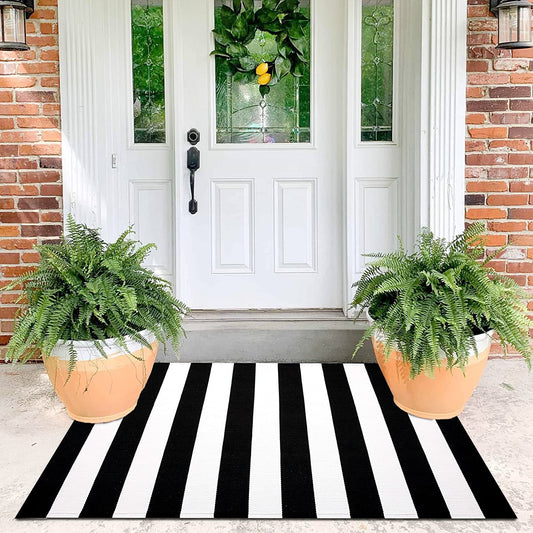 Hand Woven Black and White Striped Indoor Outdoor Rug - 3'X5' - Cotton Washable - Layered Doormat for Front Door, Kitchen, Farmhouse, Entryway, or Patio