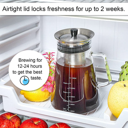51Oz/1.5L Airtight Cold Brew Coffee (Iced Tea) Maker, BPA-Free Borosilicate Glass Pitcher, Dishwasher Safe, Spill-Proof Design, 6 Cups Capacity