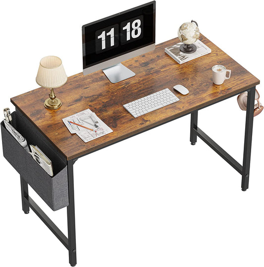Modern Rustic Brown Study Computer Desk with Black Metal Frame, 47" Home Office Writing Small Desk, PC Table
