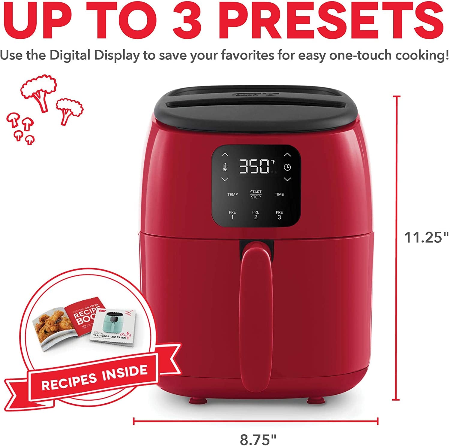 2.6 Quart Red Digital Air Fryer with Aircrisp Technology, Custom Presets, Temperature Control, and Auto Shut off Feature
