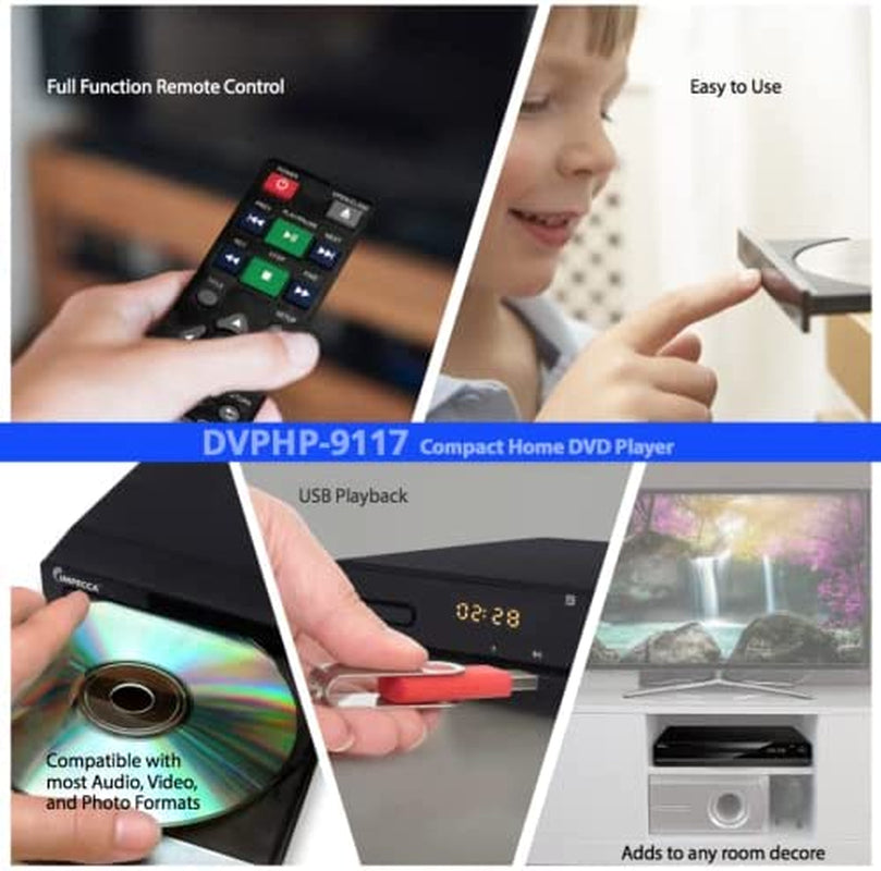 DVHP9117 DVD Player for TV, Multi-Region HDMI, RCA AV Cable, USB & CD MP3 Playback with Big Button Remote,1080P LED Display, 2.0 CH, 100-240V 