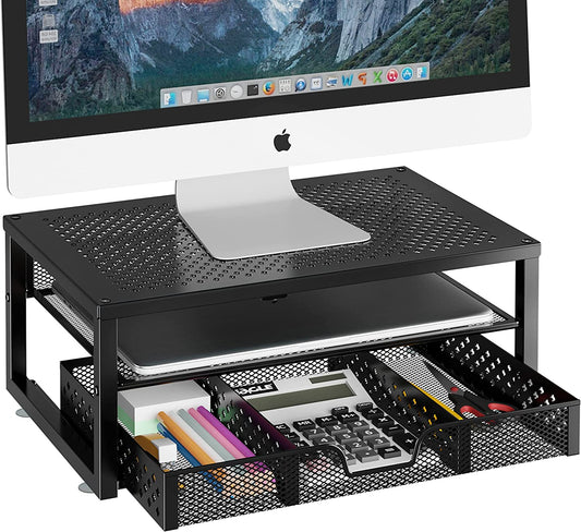 Metal Monitor Stand Riser with Integrated Desk Organizer and Drawer - Ideal for Laptops, Computers, iMacs - Black