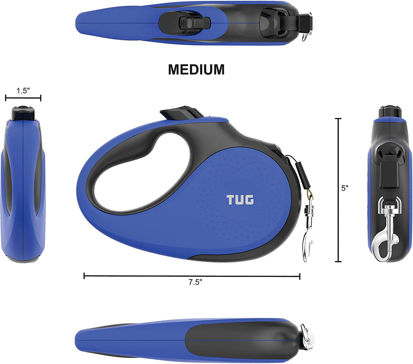 60° Tangle-Free Retractable Dog Leash with Anti-Slip Handle | 16 Ft Strong Nylon Tape | One-Handed Brake, Pause, Lock (Medium, Blue)