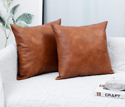 Set of 2 Brown Faux Leather Accent Throw Pillow Covers, 18X18 Inch - Modern Country Farmhouse Style Pillowcases for Bedroom, Living Room, and Sofa
