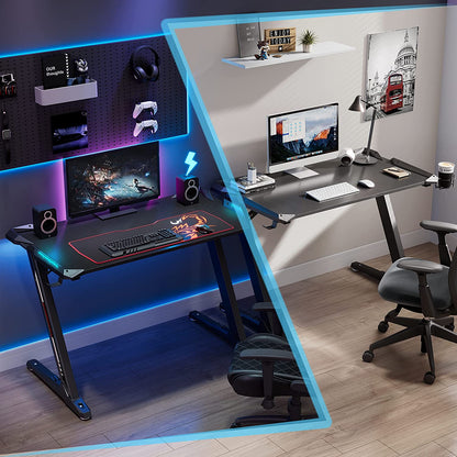 Professional Gaming Desk, 44.5" Z Shaped Home Office PC Computer Desk with LED Lights, Controller Stand, Cup Holder, Headphone, Hook Free Mousepad  