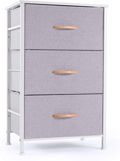 Nightstand Chest with Three Fabric Drawers: Versatile Bedside Storage Furniture in Gray for Bedroom, Hallway, Entryway, Closets, and Nursery