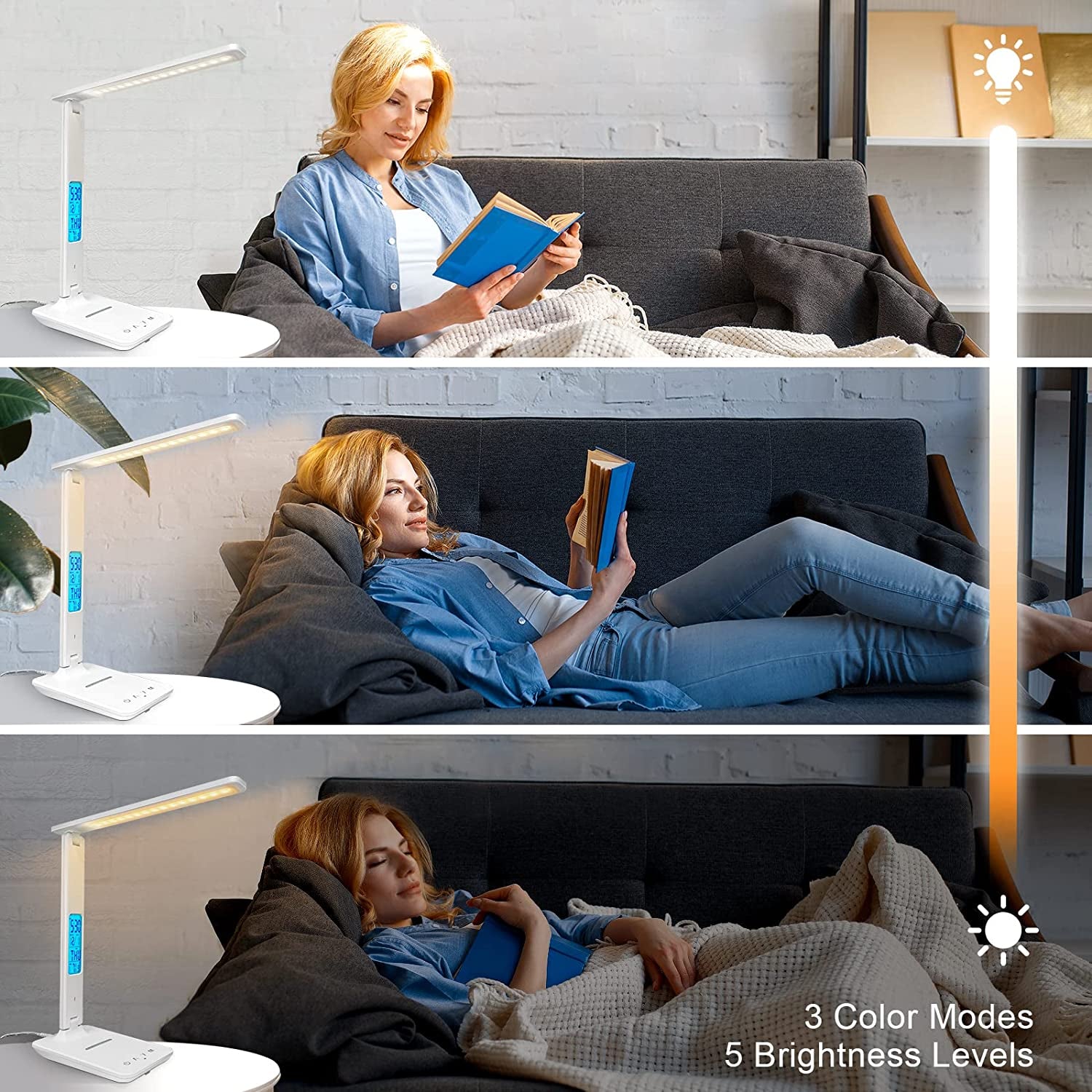 White Desk Lamp with Wireless Charger, USB Charging Port, Dimmable Light, Clock, Alarm, Date, and Temperature Display, Home and Office Use