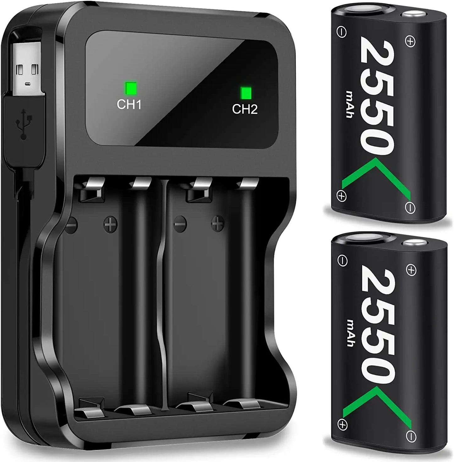 Professional Grade Rechargeable Battery Pack for Xbox One/Xbox Series X|S Controllers - Includes 2X2550mAh Xbox Controller Battery Pack in Green