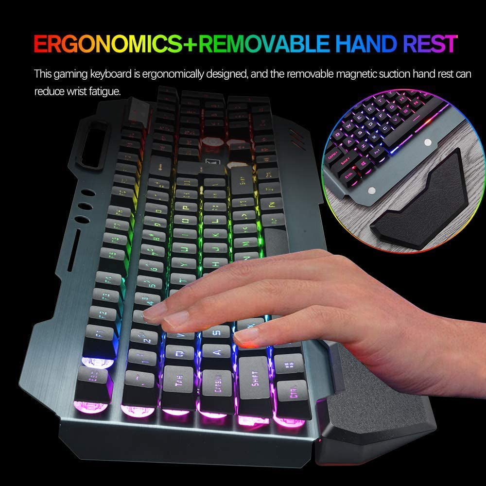 Rechargeable Wireless Gaming Keyboard and Mouse Set with RGB Backlight, Long-lasting Battery, Metal Panel, Detachable Hand Rest, Mechanical Feel Keyboard, 7 Color 