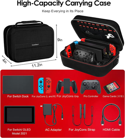 Portable Travel Case for Nintendo Switch and Switch OLED Model, All-in-One Protective Hard Messenger Bag with Soft Lining for18 Games, Switch Console, Pro Controller, and Accessories 