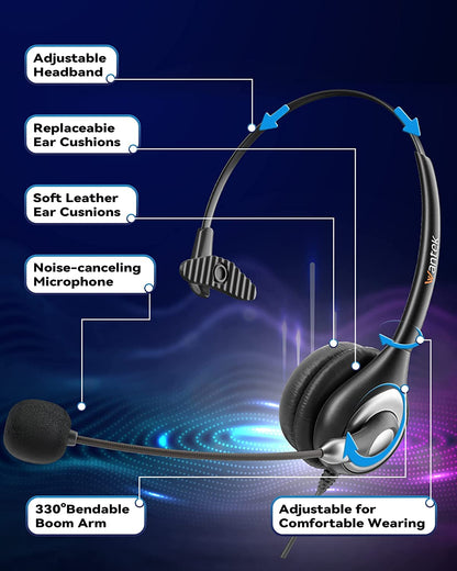 Corded USB Mono Headset with Noise Cancelling Mic, In-Line Controls, and Crystal Clear Chat, Ideal for Skype, Softphone, and Call Center Use