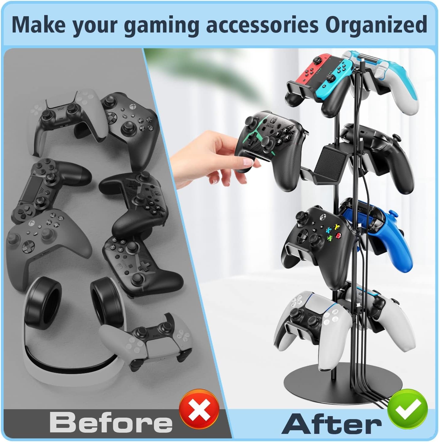 4-Tier Controller Stand with Cable Organizer for Desk - Universal Display Stand for Xbox, PS5, PS4, Nintendo Switch - Includes Headset Holder and Desk Mounts for 8 Controllers
