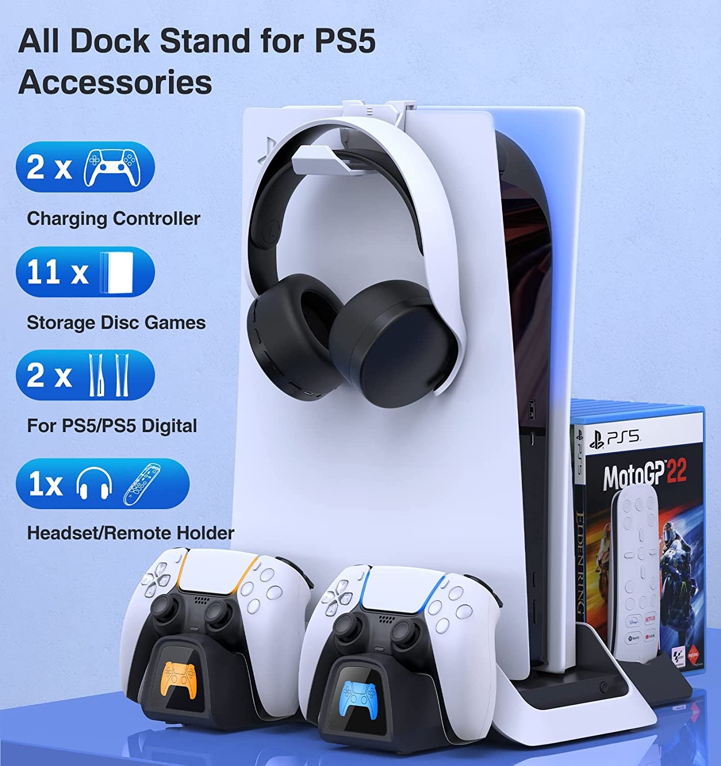 Professional PS5 Stand with Cooling Station, Dual Controller Charger, and Accessories for Playstation 5 Console - Includes 5V/3A Adapter, Cooler Fan, Charging Dock, and Game Holder (Black)