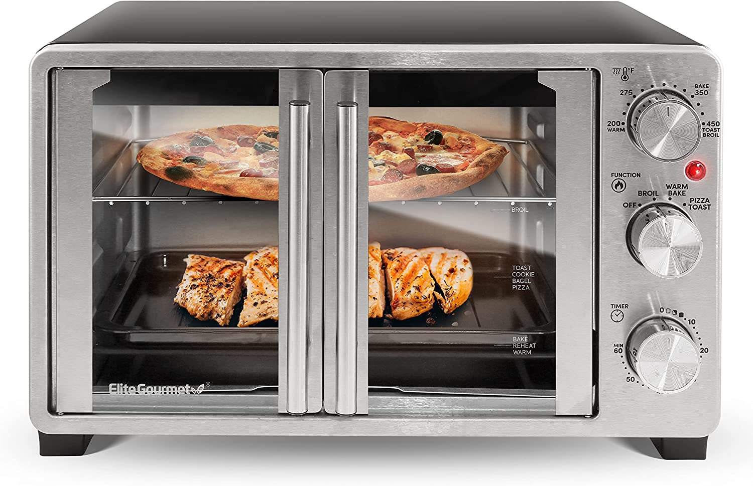 EG Stainless Steel & Black 25L Capacity Double French Door Countertop Toaster Oven with Bake, Broil, Toast, and Keep Warm Functions - Fits 12" Pizza
