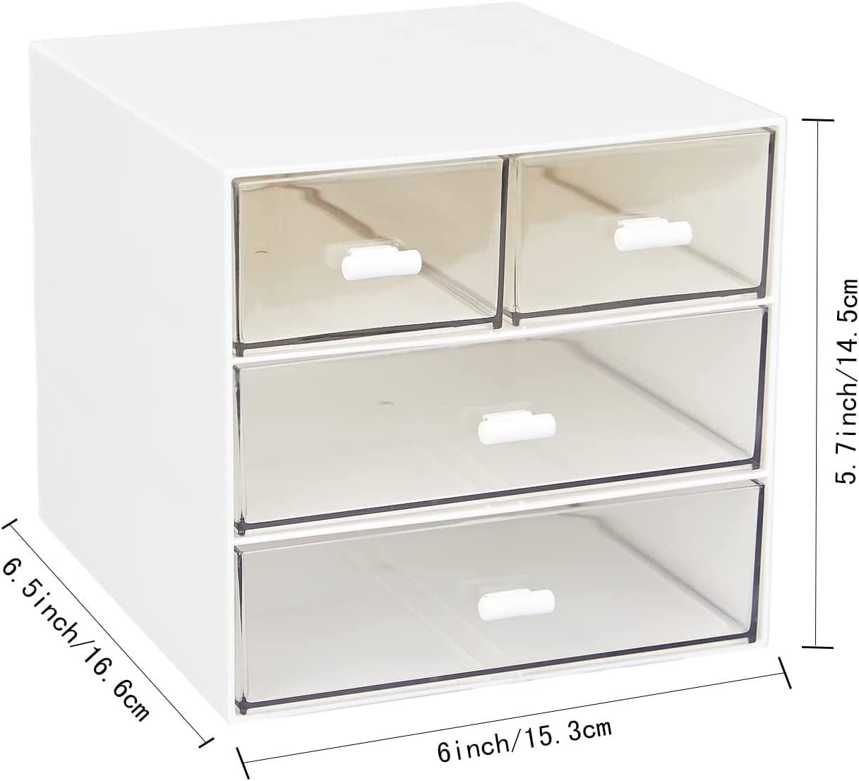 Clear Plastic Desk Organizer with 4 Drawers - Desktop Storage Solution for Office Supplies, Writing Instruments, Paperclips, and Chargers (White)