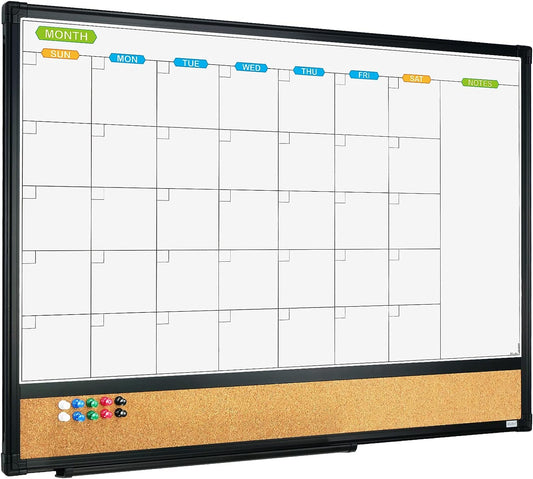  Magnetic Calendar Whiteboard & Bulletin Corkboard Combination, 24 X 18 Inch Combo Board with Black Aluminum Frame, Includes 10 Push Pins