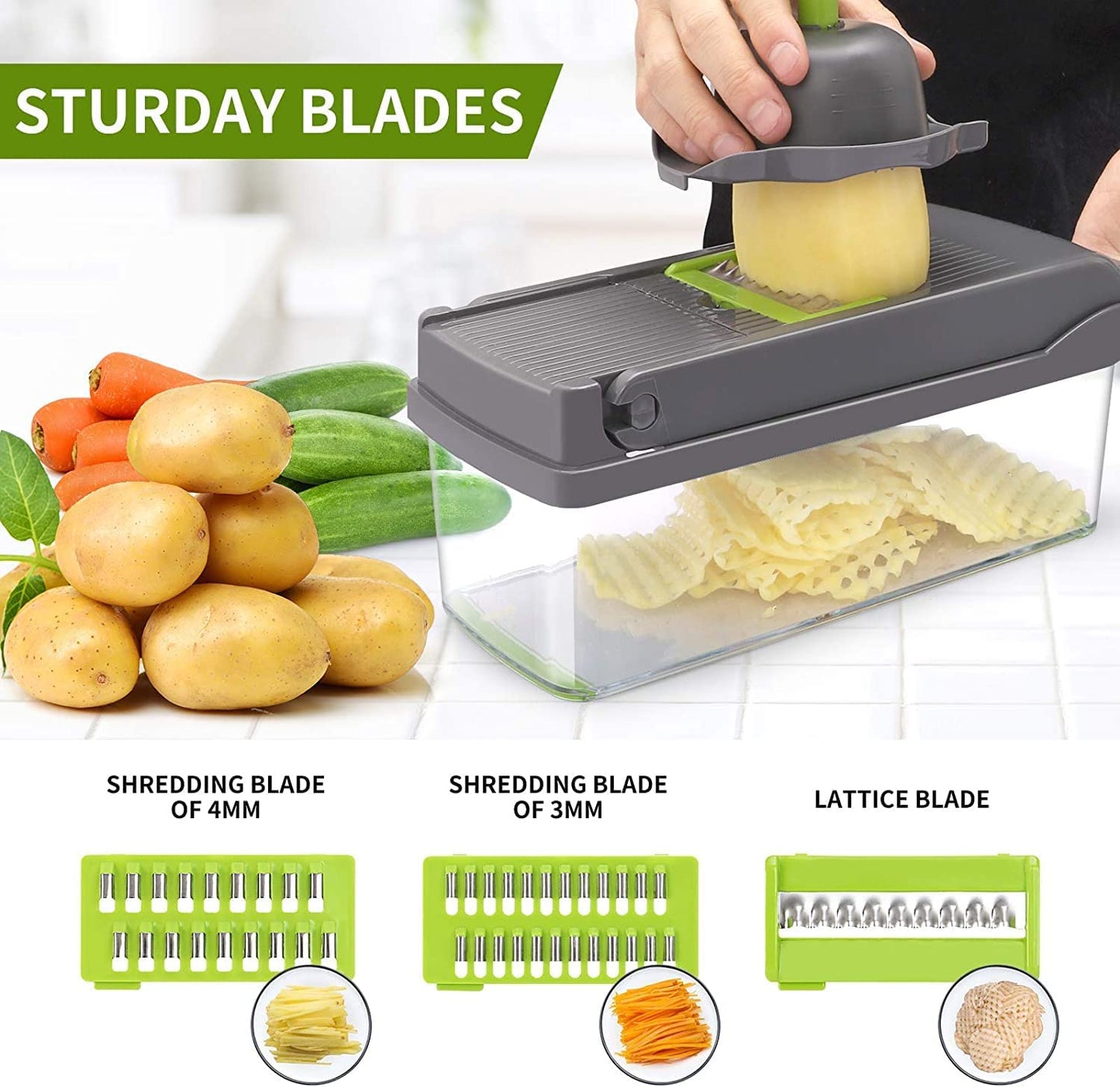 Versatile 13-In-1 Vegetable & Fruit Chopper with 8 Interchangeable Blades - Including Onion Chopper, Mandolin Slicer, and Cutter for Veggies - Complete with Colander Container - Essential Kitchen Tool for Preparing Salad, Potato, Carrot, Garlic