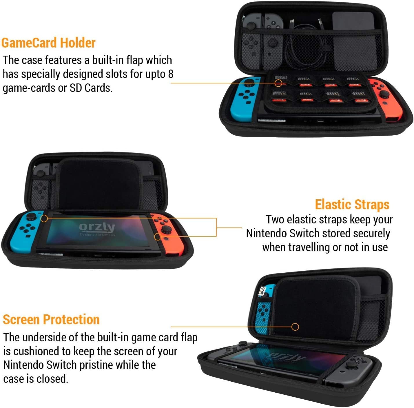 Protective Travel Carry Case for Nintendo Switch and New Switch OLED Console - Black Hard Shell with Pockets for Accessories and Games