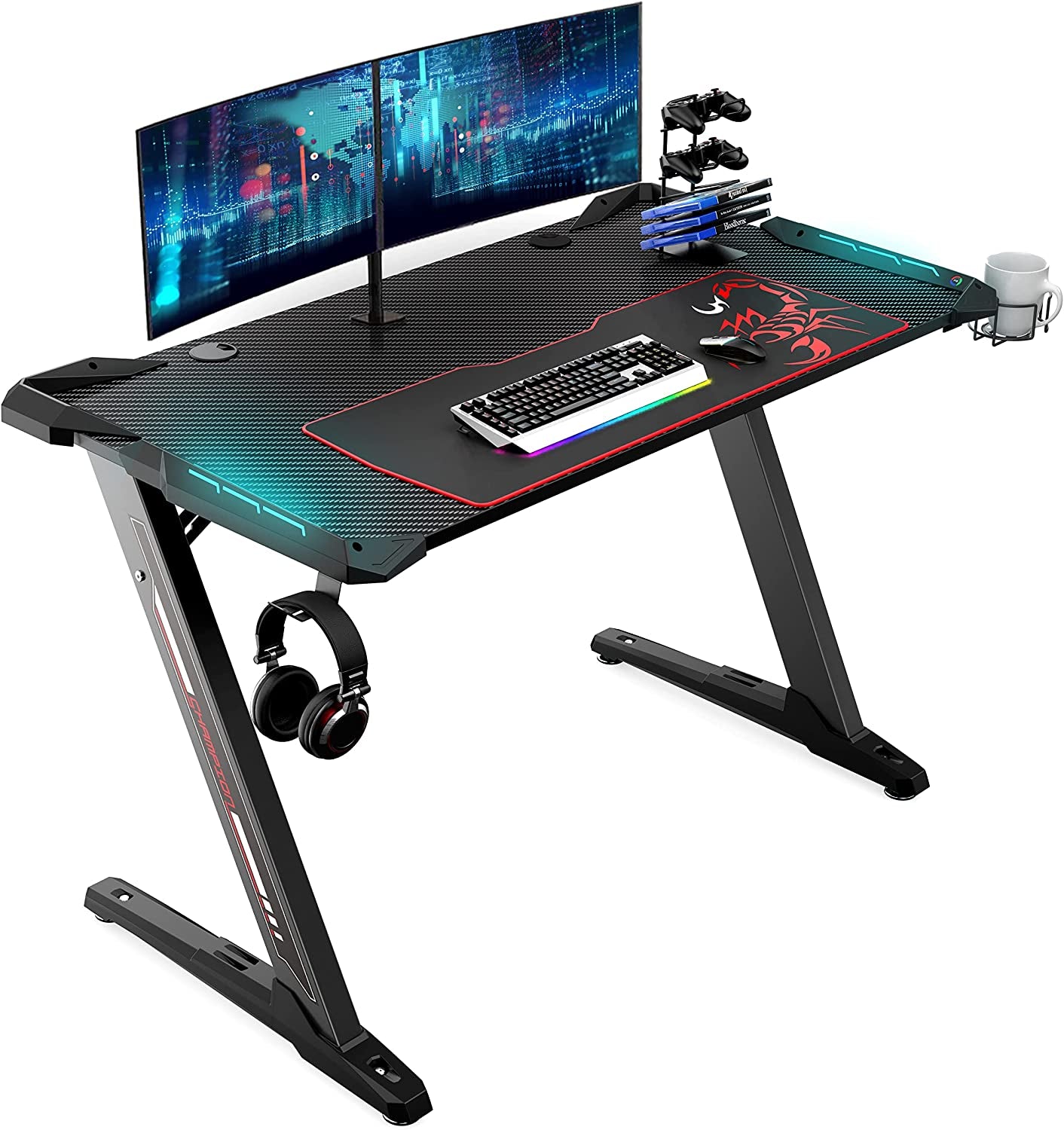 Professional Gaming Desk, 44.5" Z Shaped Home Office PC Computer Desk with LED Lights, Controller Stand, Cup Holder, Headphone, Hook Free Mousepad  