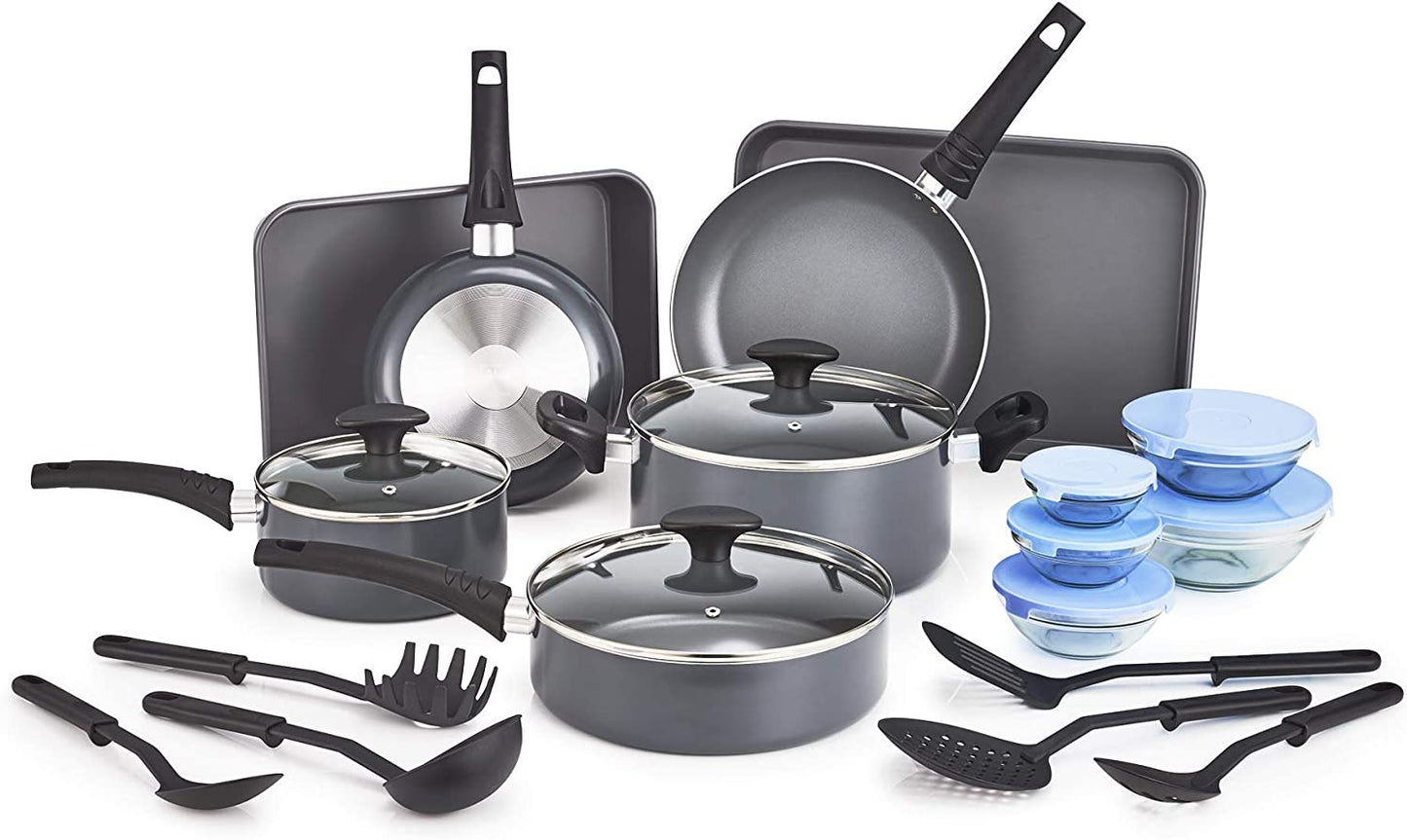 21-Piece Black Nonstick Cookware Set with Glass Lids - Includes Aluminum Bakeware, Pots and Pans, Storage Bowls & Utensils - Compatible with All Stovetops