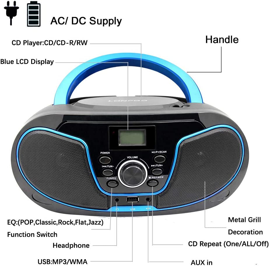  Portable Bluetooth CD Boombox with FM Radio, USB Playback, Aux Input, Earphone Output, and Digital Tuner