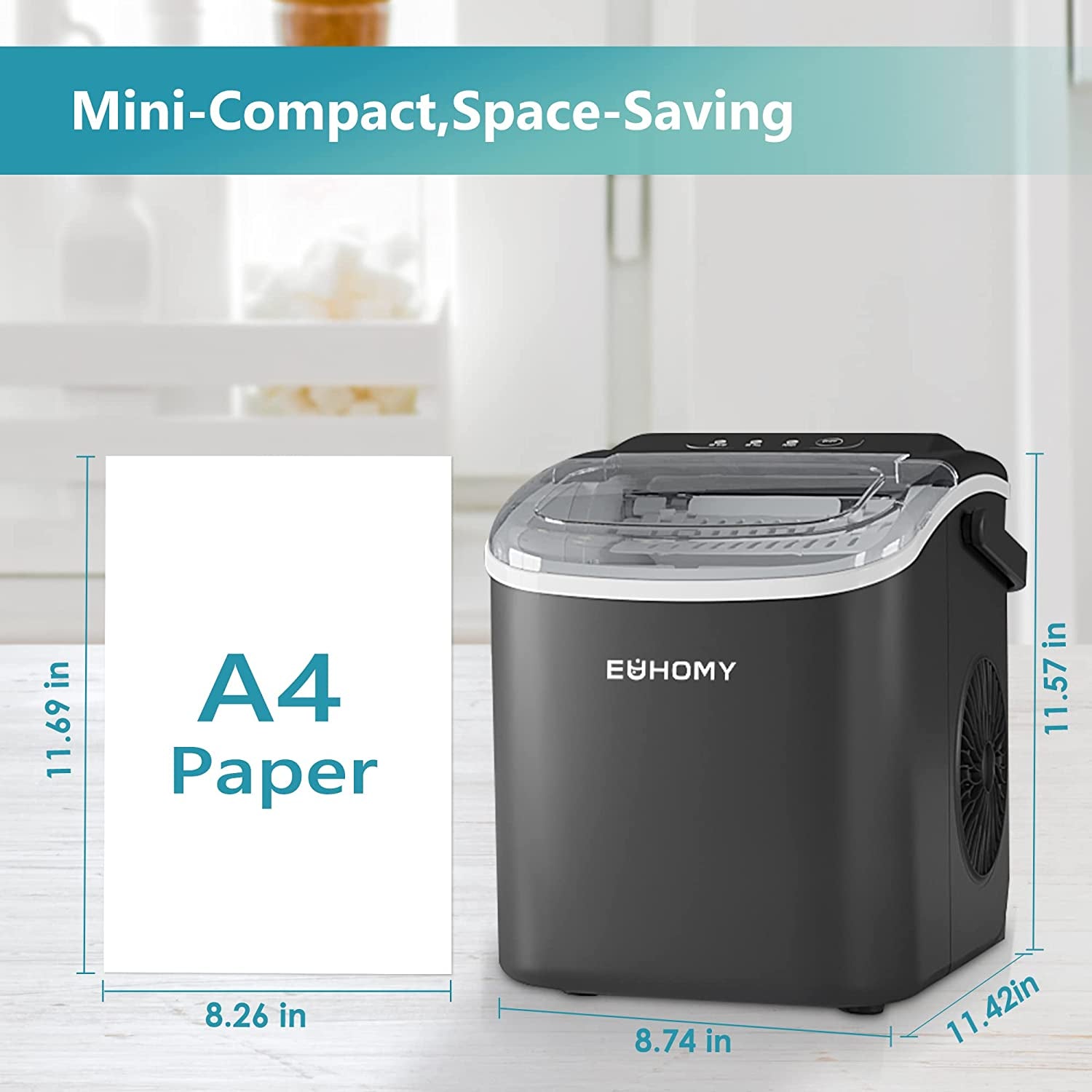 Portable Countertop Ice Maker Machine - 26lbs in 24 Hours, 9 Ice Cubes Ready in 6 Minutes, with Handle, Auto-Cleaning, Includes Basket and Scoop - Ideal for Home, Kitchen, Camping, RV - Black