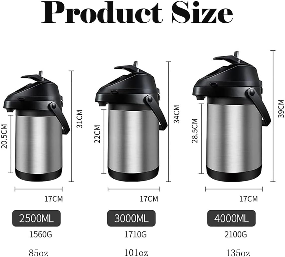 Large Capacity 101 Oz & 3L Airpot Thermal Coffee Dispenser with Pump, Double Walled Insulated Stainless Steel Beverage Dispenser for Hot & Cold Water 