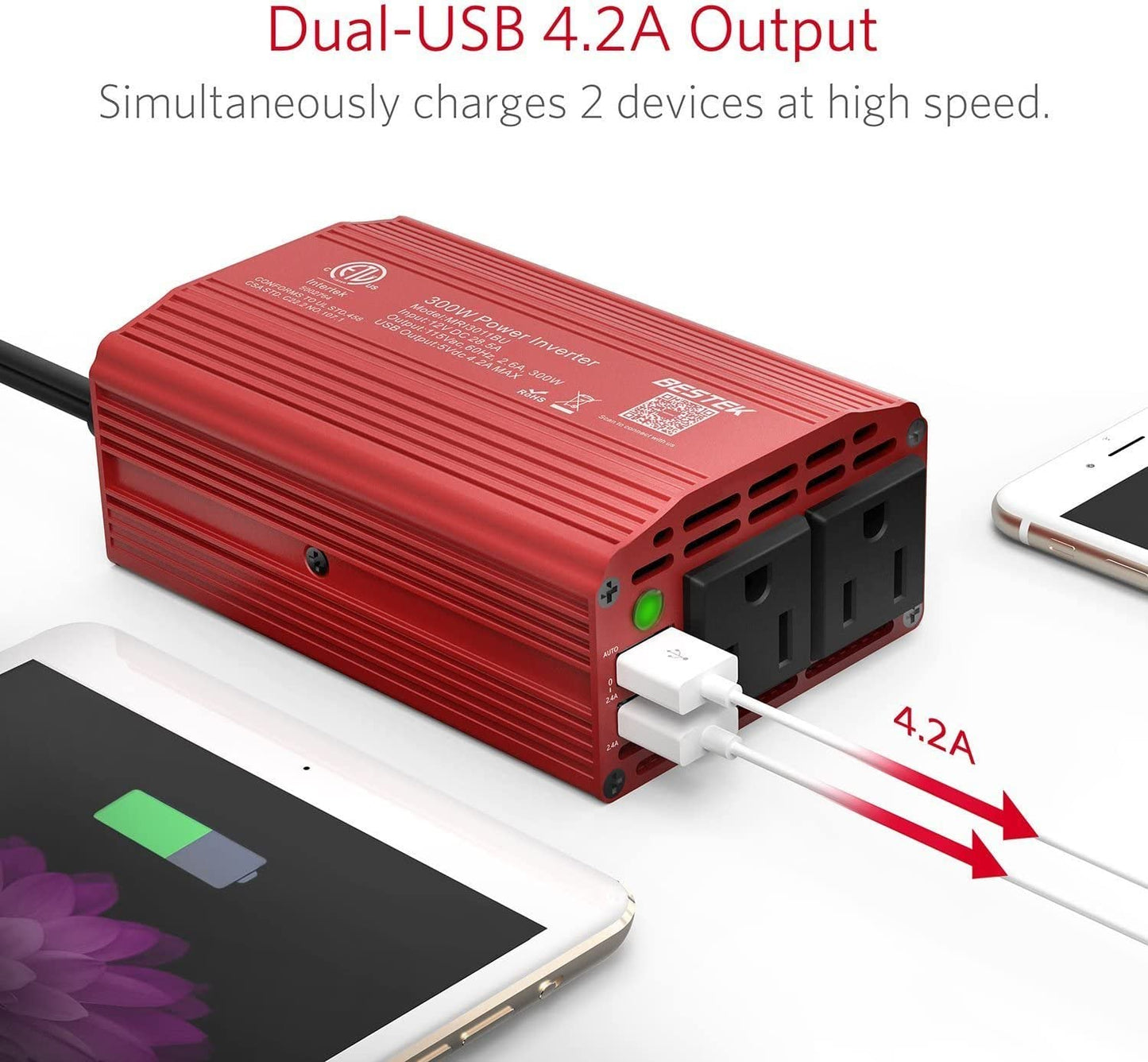 300W DC 12V to 110V AC Car Power Inverter with Dual USB Car Adapter, 4.2A