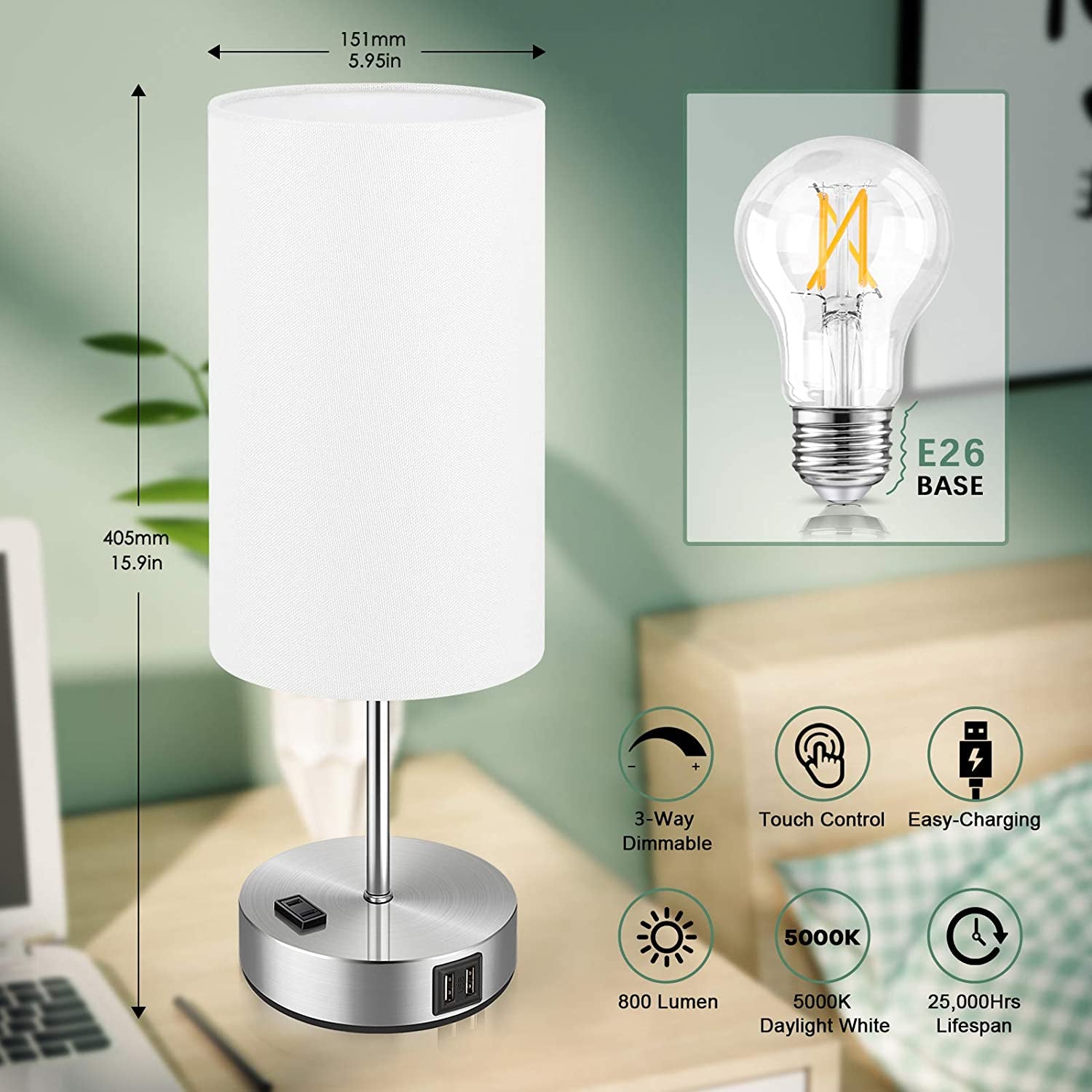 Set of 2 Touch Control Table Lamps with USB Charging Ports, AC Outlet, 3-Way Dimmable Functionality with White Fabric Lampshade and A19 LED Bulbs