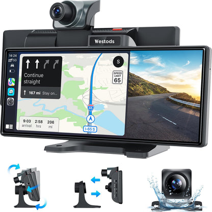 10.26" Wireless Carplay Screen & Android Auto with Adjustable Mount, 2.5K Dash Cam & 1080P Backup Camera, HD IPS Touchscreen, GPS Navigation, Bluetooth Connectivity, Car Stereo, Radio
