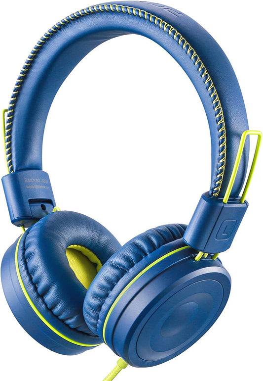Kids Wired Headphones - Foldable, Adjustable, Tangle-Free Stereo Headset with 3.5mm Jack Wire Cord for Children (Blue)