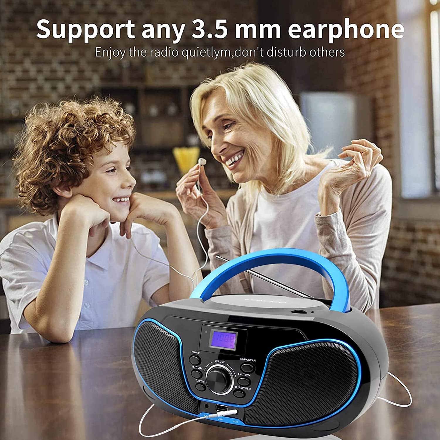  Portable Bluetooth CD Boombox with FM Radio, USB Playback, Aux Input, Earphone Output, and Digital Tuner