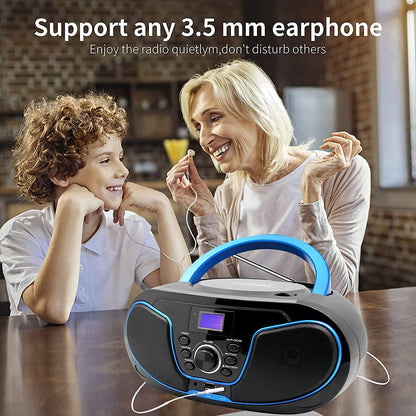  Portable Bluetooth CD Boombox with FM Radio, USB Playback, Aux Input, Earphone Output, and Digital Tuner