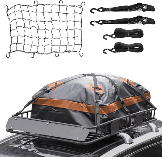 Premium 54" x 34" Heavy Duty Roof Rack & Rooftop Cargo Carrier with Waterproof Bag, Tie Down Strap, Net, Extension, & Luggage Holder - SUV Compatible, High Capacity Steel Construction