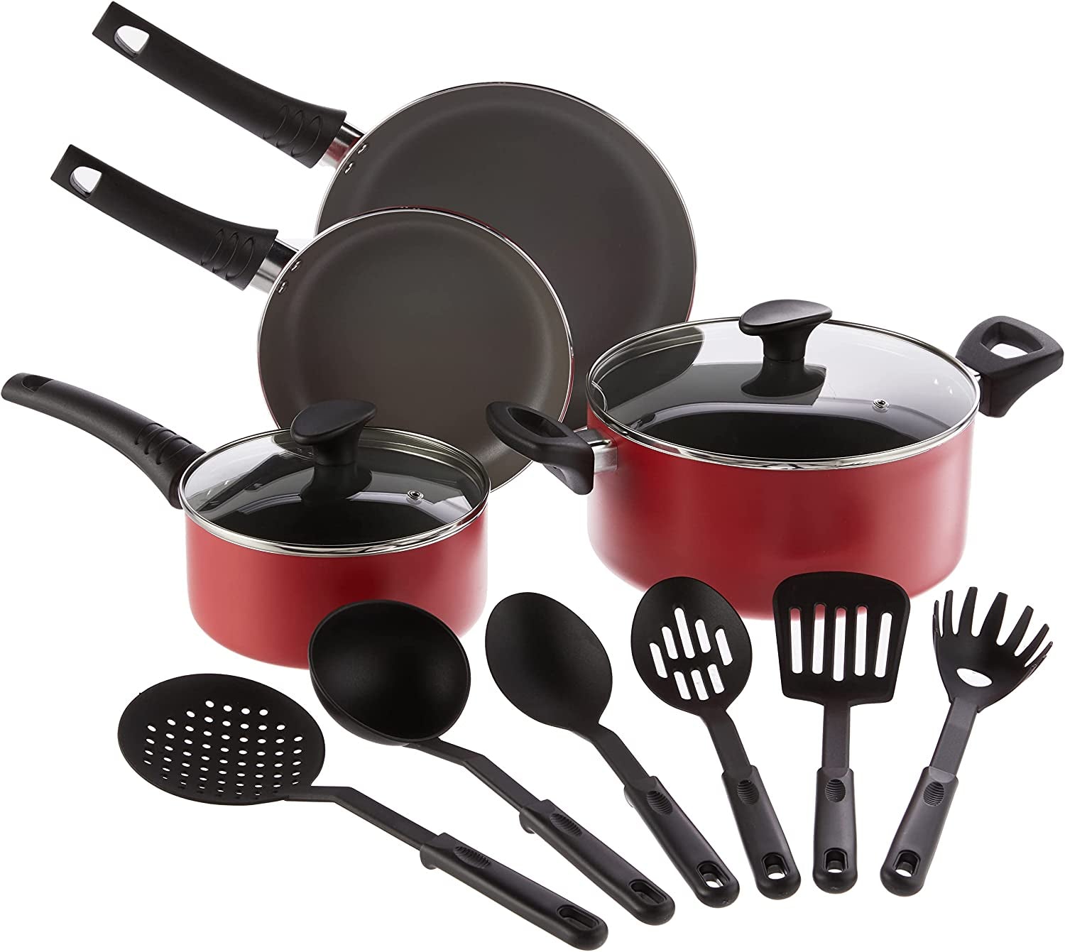 12-Piece Cookware Set with Utensils, Nonstick Scratch Resistant Cooking Surface, Compatible with All Stoves, Nylon and Aluminum Construction, Red